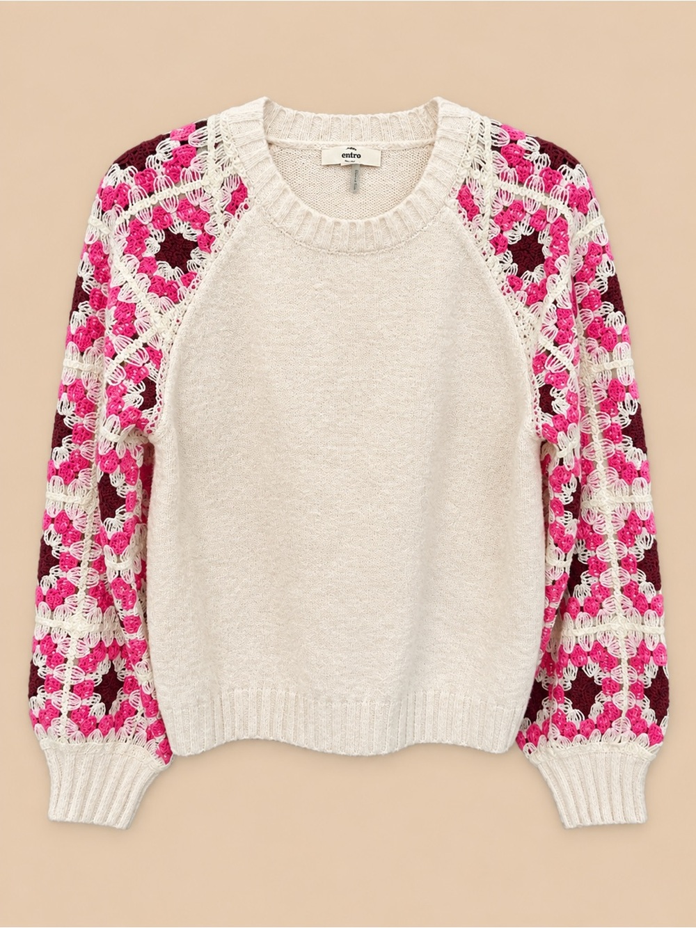 Entro Crochet Sleeve Sweater Cream Pink Burgundy size S
